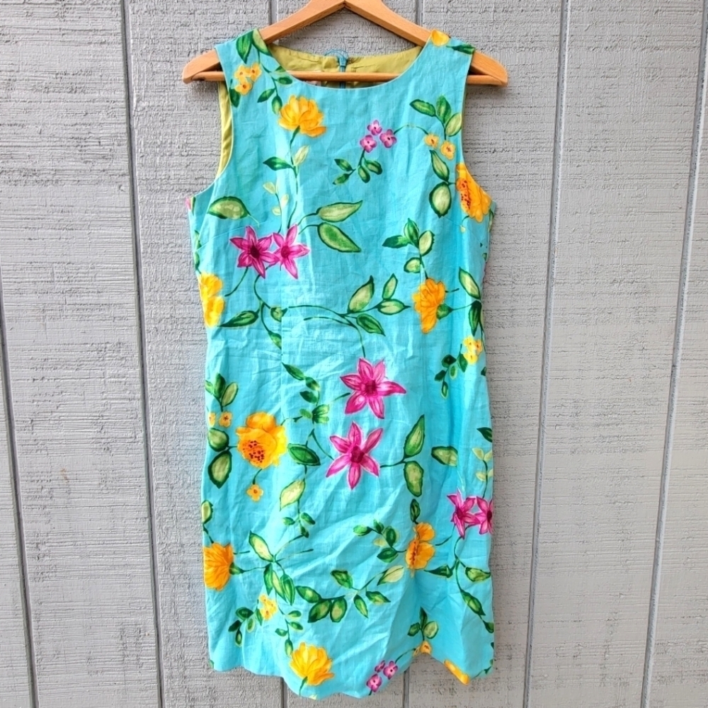 Talbots Petites Vintage 90s Floral Vibrant 100% Linen Sheath Dress size 12P Blue